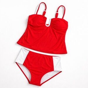 CUPSHE Red Tankini Set Womens L Ruched Swim Top High Waist Bikini Bottom